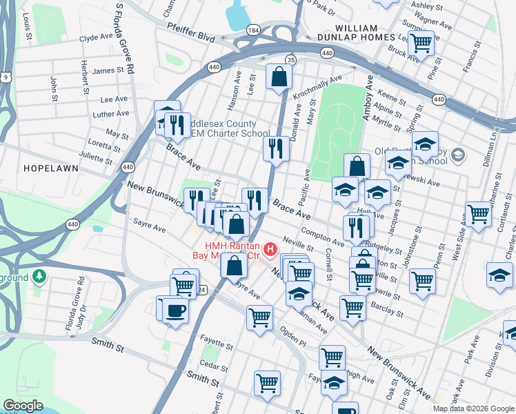 map of restaurants, bars, coffee shops, grocery stores, and more near 520 Convery Boulevard in Perth Amboy