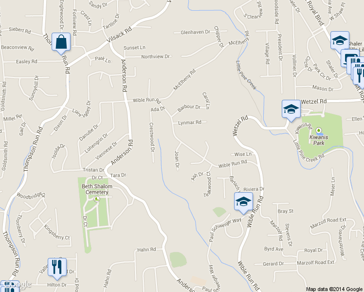 map of restaurants, bars, coffee shops, grocery stores, and more near 105 Joan Drive in Pittsburgh