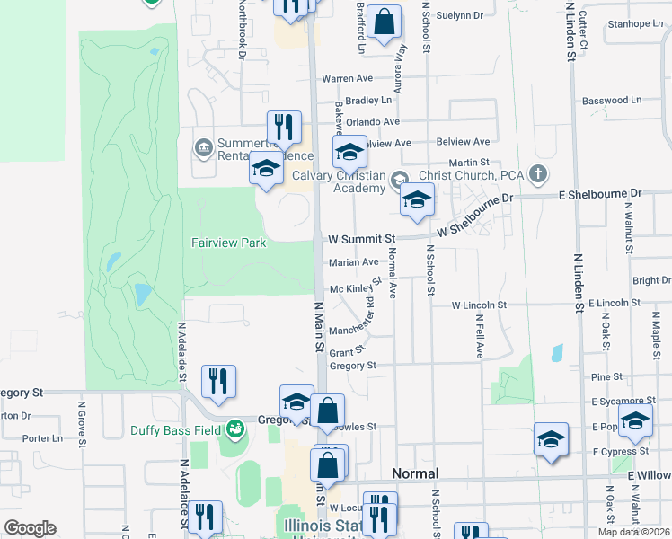 map of restaurants, bars, coffee shops, grocery stores, and more near 514 Mc Kinley Street in Normal