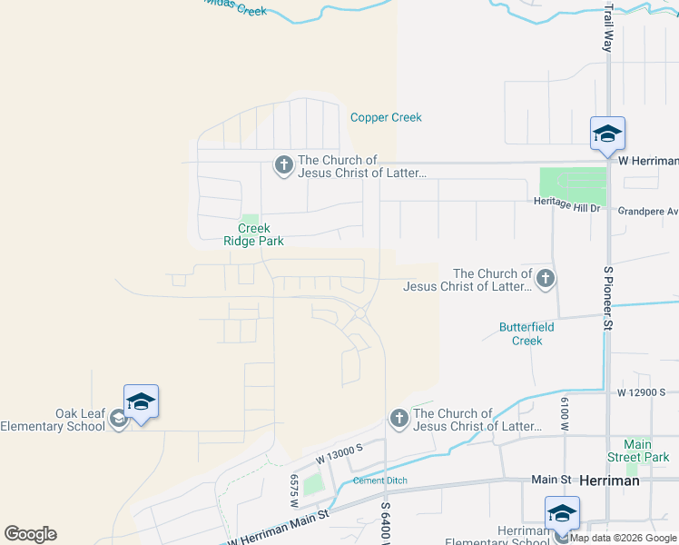 map of restaurants, bars, coffee shops, grocery stores, and more near 6492 Roaring River Lane in Herriman
