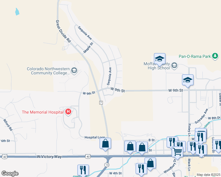 map of restaurants, bars, coffee shops, grocery stores, and more near 2801 West 9th Street in Craig