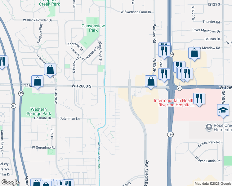 map of restaurants, bars, coffee shops, grocery stores, and more near 4216 Bison Park Court in Riverton