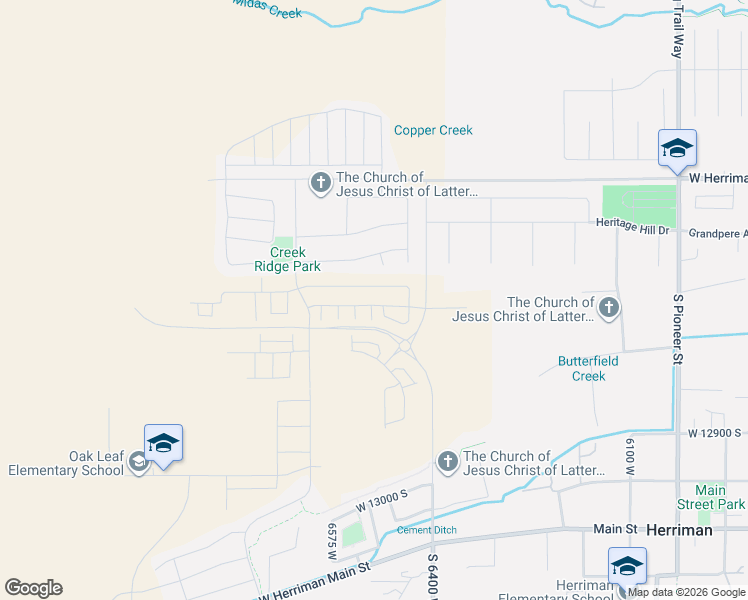 map of restaurants, bars, coffee shops, grocery stores, and more near 6508 Roaring River Lane in Herriman
