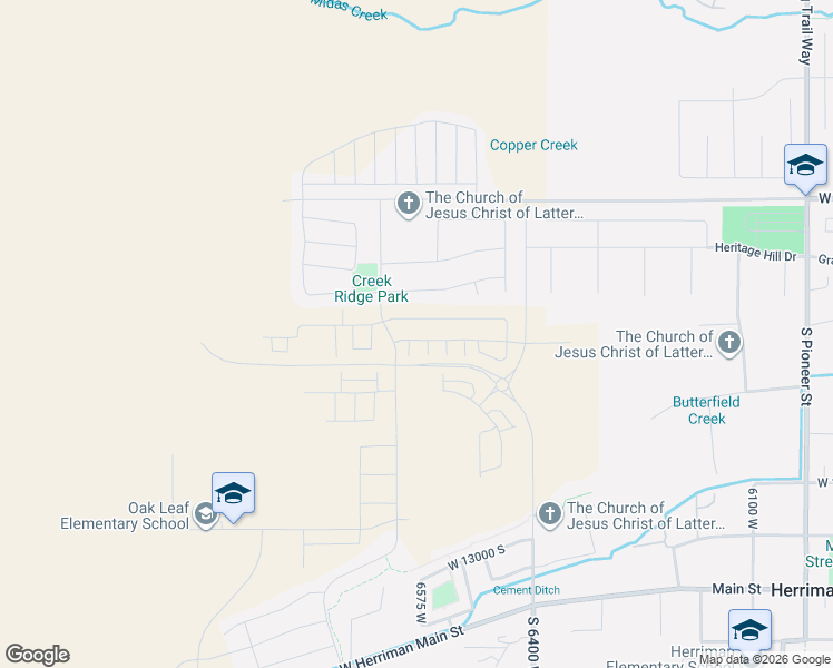 map of restaurants, bars, coffee shops, grocery stores, and more near 6588 Roaring River Lane in Herriman