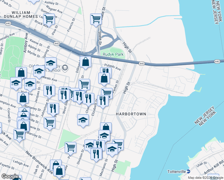 map of restaurants, bars, coffee shops, grocery stores, and more near 682 State Street in Perth Amboy