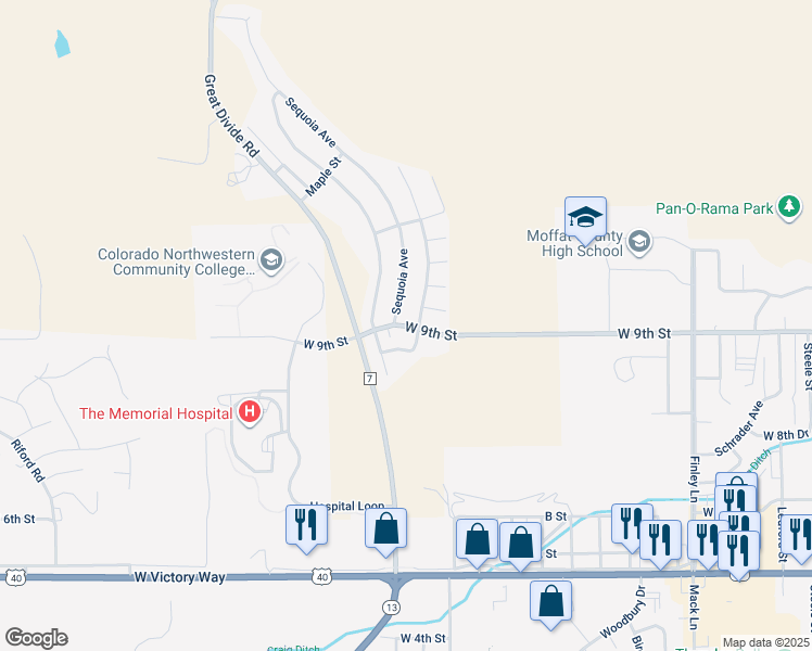 map of restaurants, bars, coffee shops, grocery stores, and more near 2801 West 9th Street in Craig