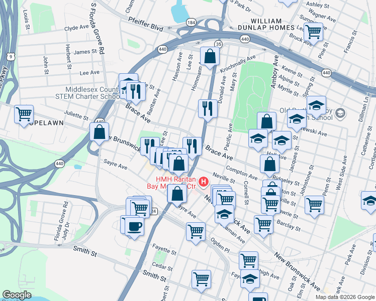 map of restaurants, bars, coffee shops, grocery stores, and more near 552 Compton Avenue in Perth Amboy