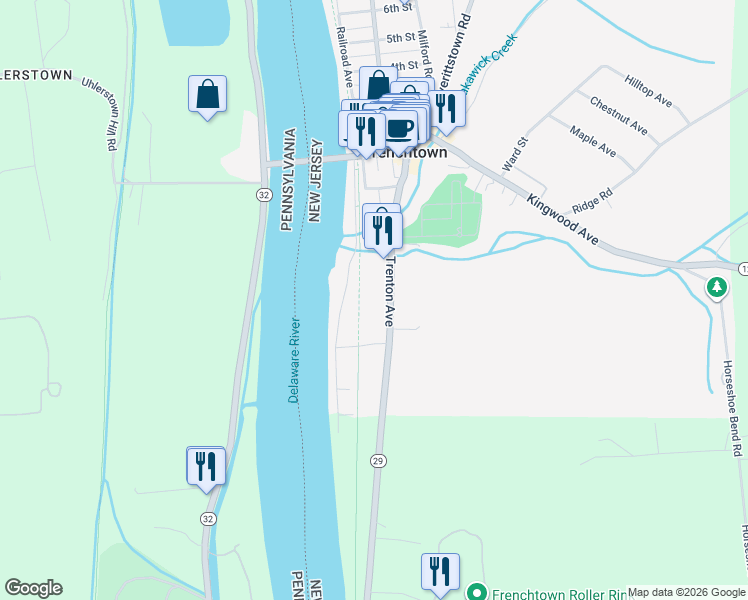 map of restaurants, bars, coffee shops, grocery stores, and more near 7 River Road in Frenchtown