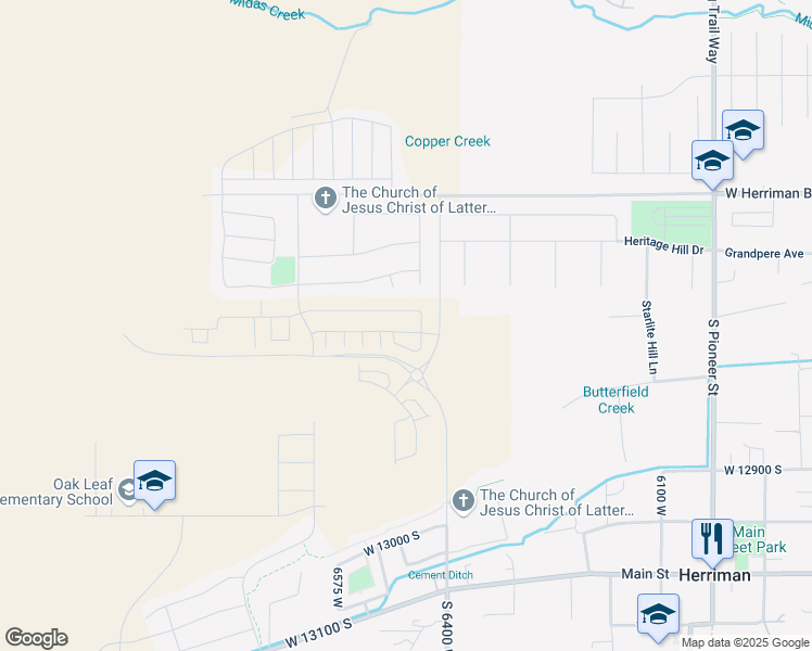 map of restaurants, bars, coffee shops, grocery stores, and more near 6466 Roaring River Lane in Herriman