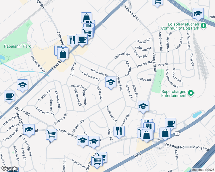 map of restaurants, bars, coffee shops, grocery stores, and more near 53 Brookville Road in Edison