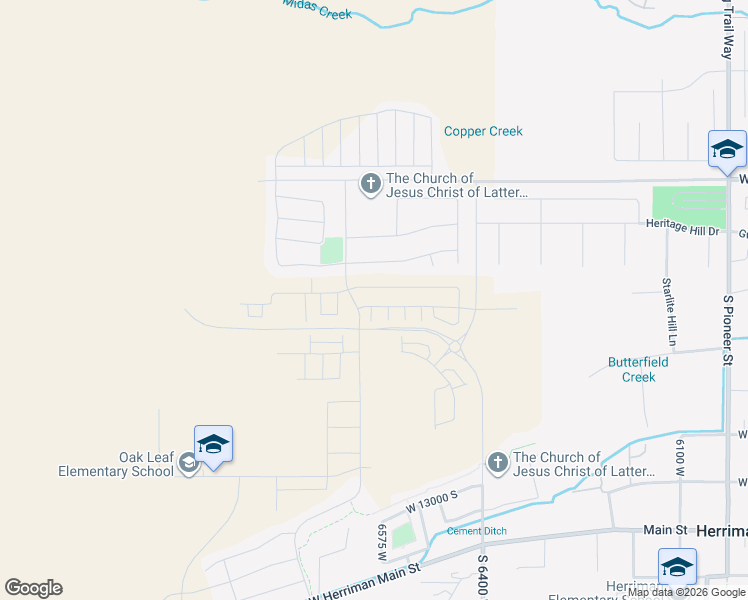 map of restaurants, bars, coffee shops, grocery stores, and more near 6592 Roaring River Lane in Herriman