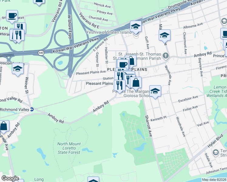 map of restaurants, bars, coffee shops, grocery stores, and more near 6420 Amboy Road in Staten Island