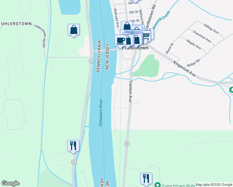 map of restaurants, bars, coffee shops, grocery stores, and more near 7 River Road in Frenchtown