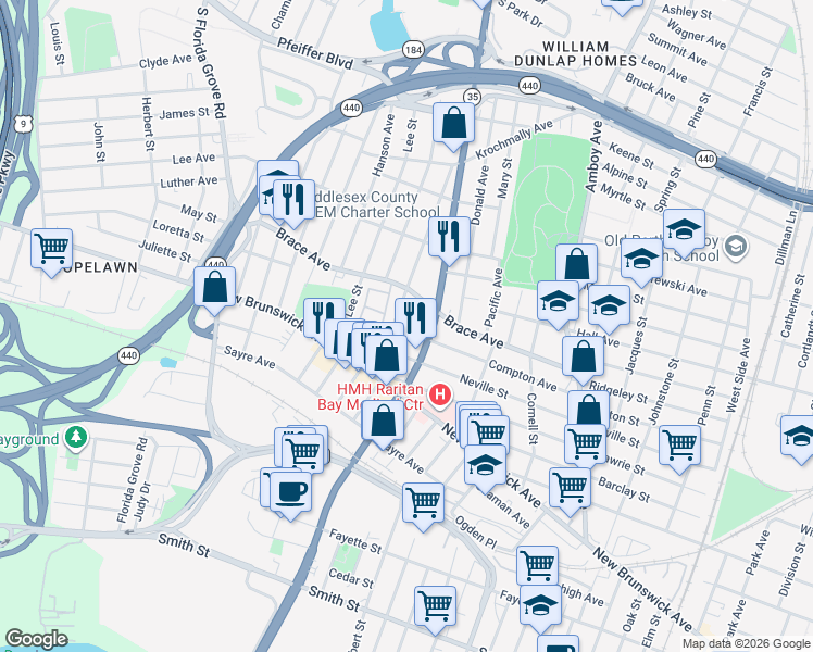 map of restaurants, bars, coffee shops, grocery stores, and more near 552 Neville Street in Perth Amboy