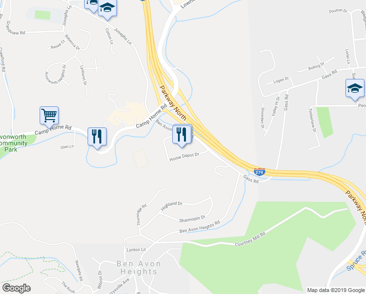map of restaurants, bars, coffee shops, grocery stores, and more near 132 Ben Avon Heights Road in Pittsburgh