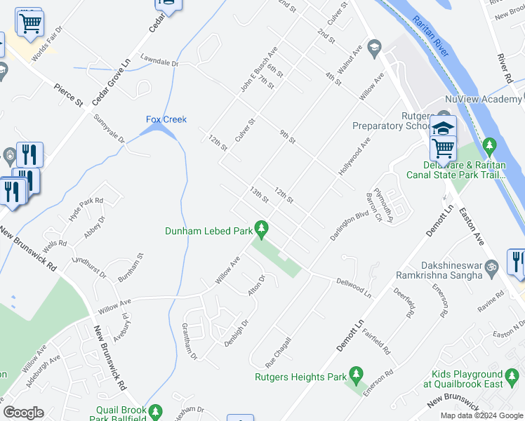 map of restaurants, bars, coffee shops, grocery stores, and more near 75 14th Street in Franklin Township