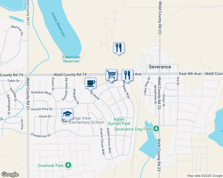 map of restaurants, bars, coffee shops, grocery stores, and more near 632 Foxtail Way in Severance
