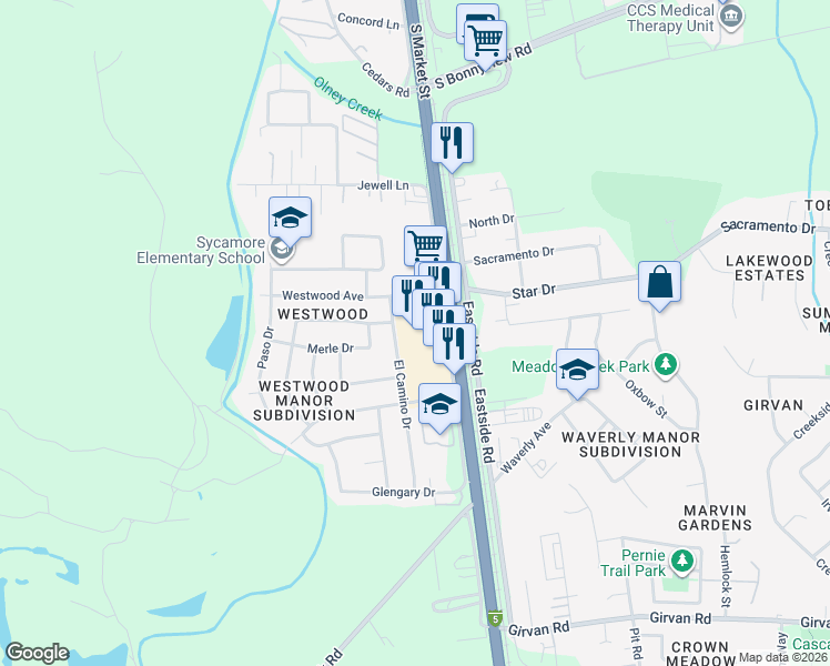 map of restaurants, bars, coffee shops, grocery stores, and more near 6478 Westside Road in Redding