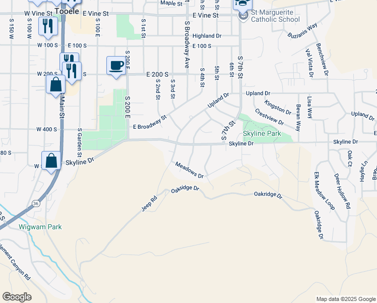map of restaurants, bars, coffee shops, grocery stores, and more near 363 Meadows Drive in Tooele