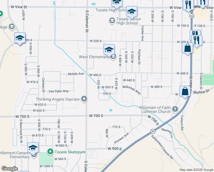 map of restaurants, bars, coffee shops, grocery stores, and more near 448 550 South in Tooele