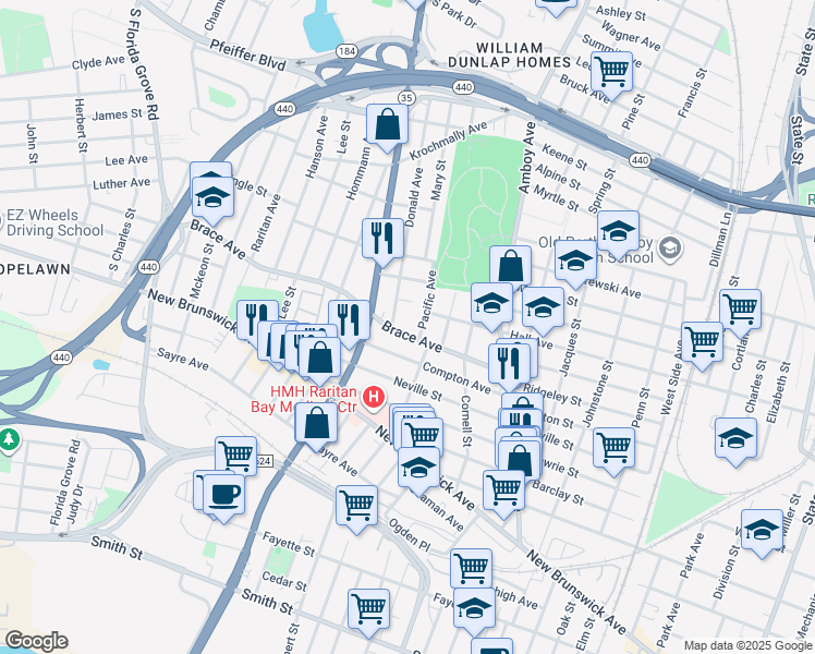 map of restaurants, bars, coffee shops, grocery stores, and more near 490 Compton Avenue in Perth Amboy