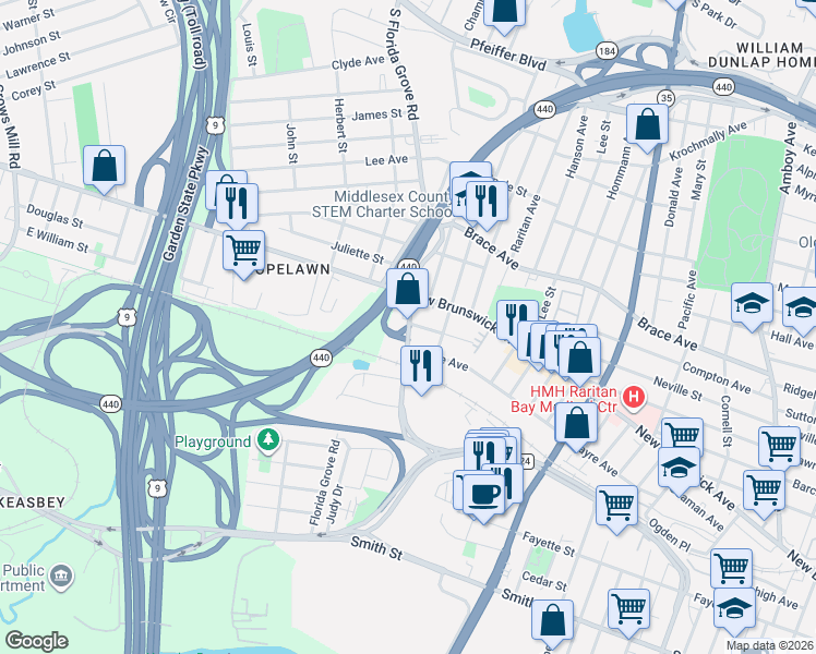 map of restaurants, bars, coffee shops, grocery stores, and more near 474 Florida Grove Road in Woodbridge Township