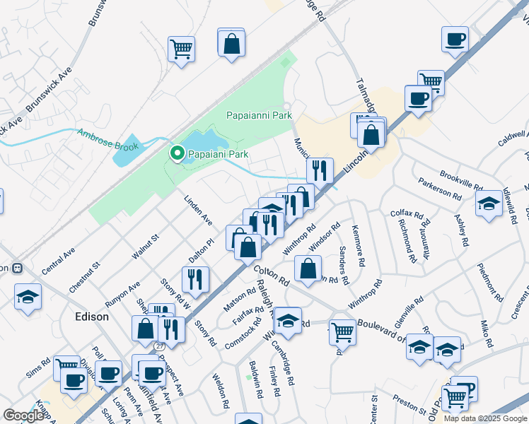 map of restaurants, bars, coffee shops, grocery stores, and more near 1967 Lincoln Highway in Edison