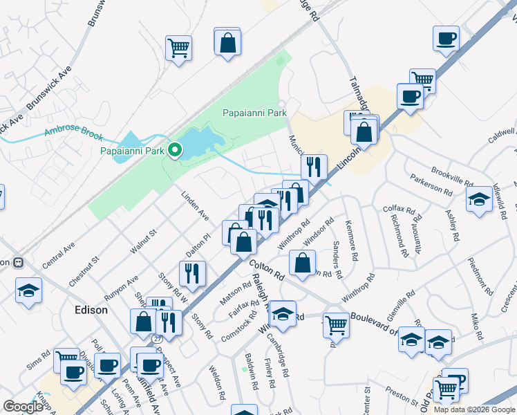 map of restaurants, bars, coffee shops, grocery stores, and more near 1967 Lincoln Highway in Edison