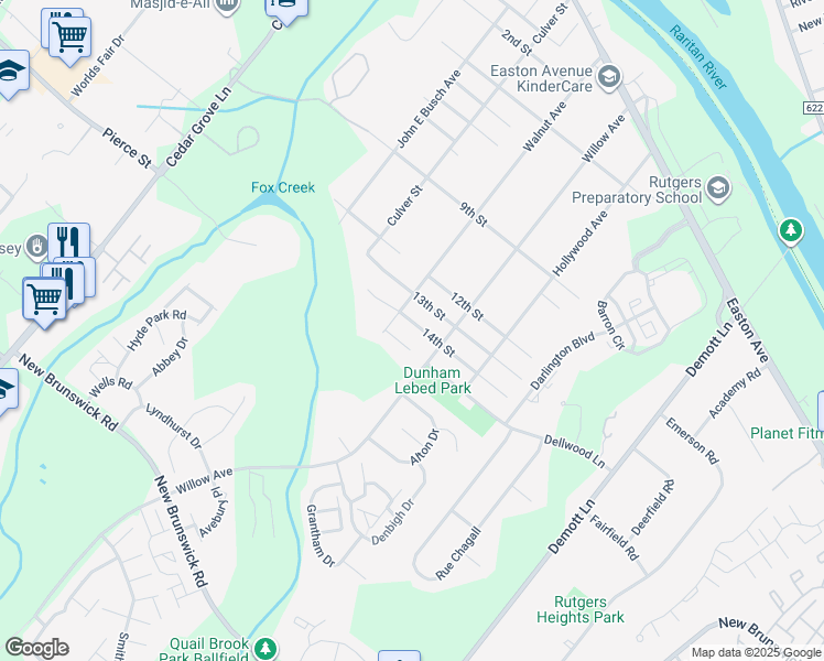 map of restaurants, bars, coffee shops, grocery stores, and more near 78 14th Street in Franklin Township