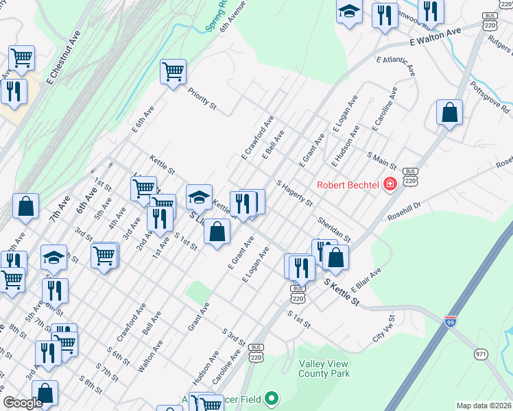 map of restaurants, bars, coffee shops, grocery stores, and more near 415 East Street in Altoona