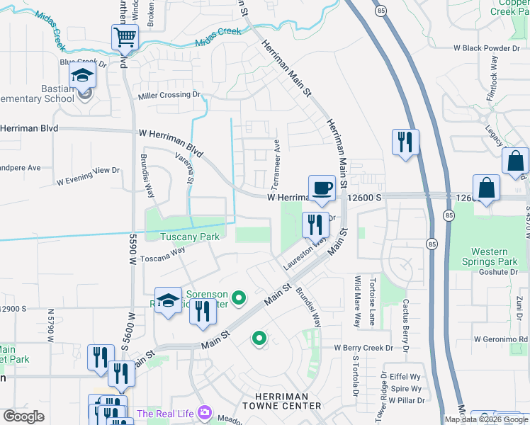 map of restaurants, bars, coffee shops, grocery stores, and more near 5246 Brundisi Way in Herriman