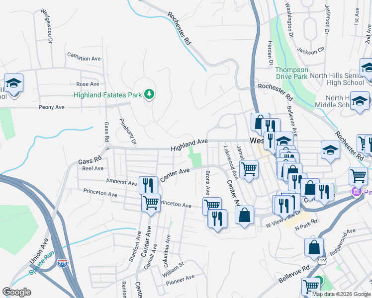 map of restaurants, bars, coffee shops, grocery stores, and more near 84 Georgetown Avenue in Pittsburgh