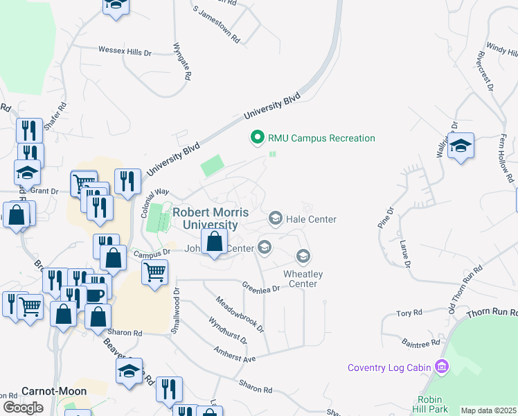 map of restaurants, bars, coffee shops, grocery stores, and more near 6001 University Boulevard in Moon