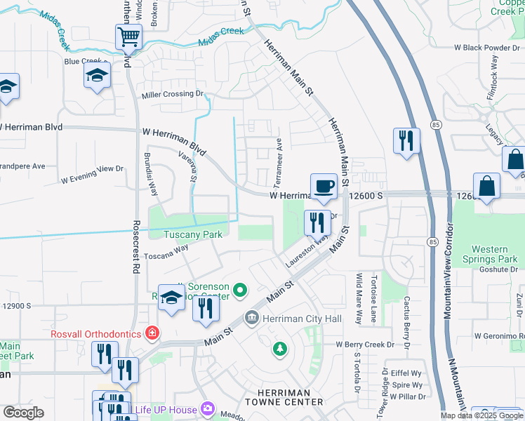 map of restaurants, bars, coffee shops, grocery stores, and more near 12687 Brundisi Way in Herriman