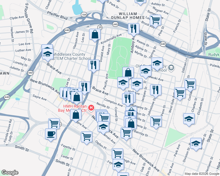 map of restaurants, bars, coffee shops, grocery stores, and more near 643 Atlantic Avenue in Perth Amboy