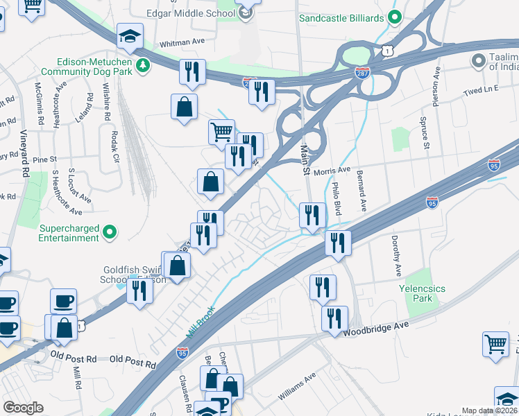 map of restaurants, bars, coffee shops, grocery stores, and more near 308 Edison Glen Terrace in Edison