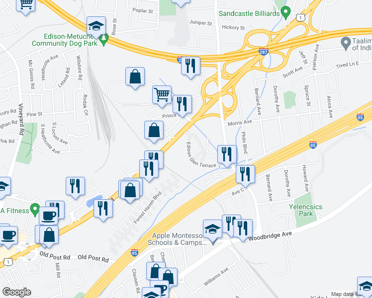 map of restaurants, bars, coffee shops, grocery stores, and more near 107 Edison Glen Terrace in Edison