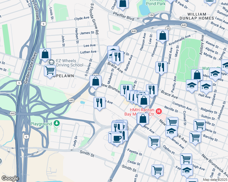 map of restaurants, bars, coffee shops, grocery stores, and more near 541 Colgate Avenue in Perth Amboy