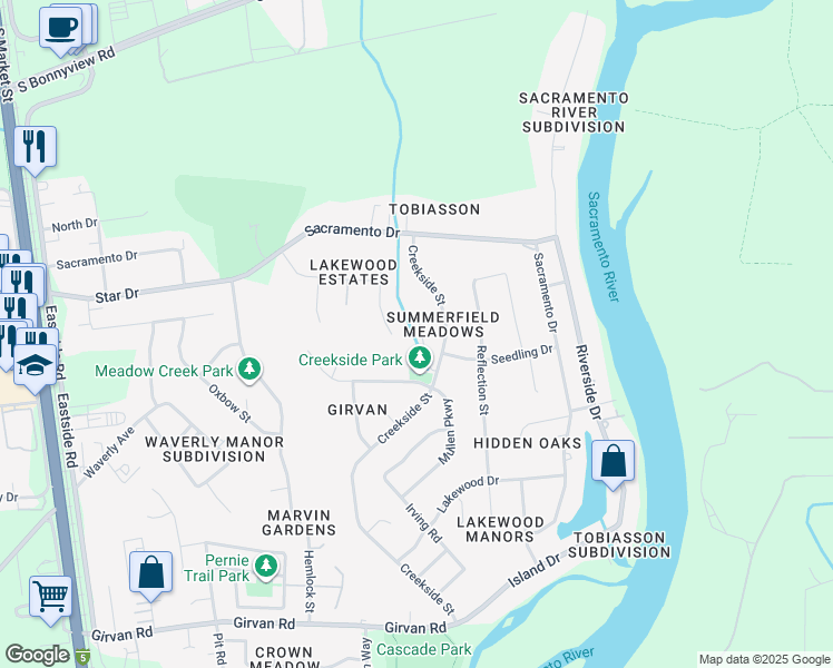 map of restaurants, bars, coffee shops, grocery stores, and more near 6577 Lucerne Court in Redding