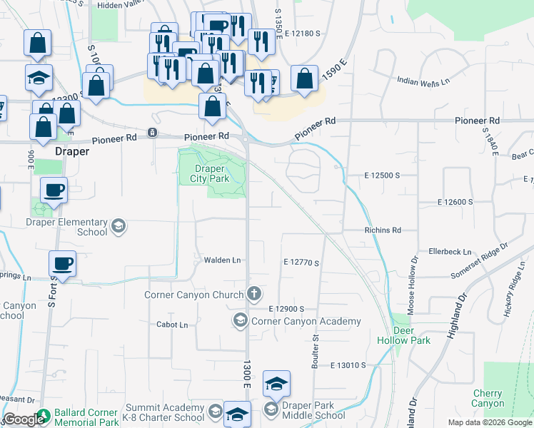 map of restaurants, bars, coffee shops, grocery stores, and more near 12543 South 1300 East in Draper