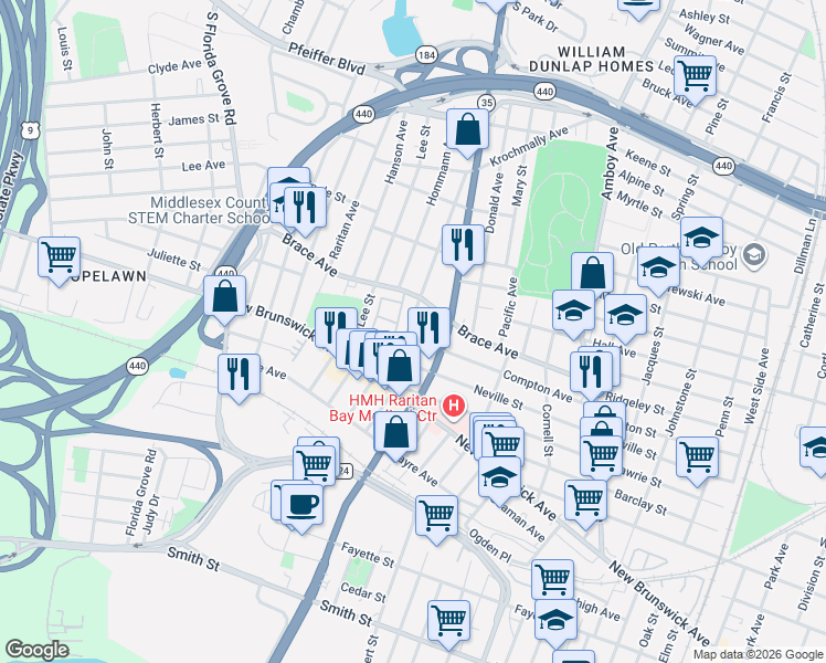 map of restaurants, bars, coffee shops, grocery stores, and more near in Perth Amboy