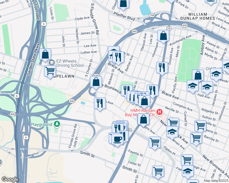 map of restaurants, bars, coffee shops, grocery stores, and more near 541 Colgate Avenue in Perth Amboy