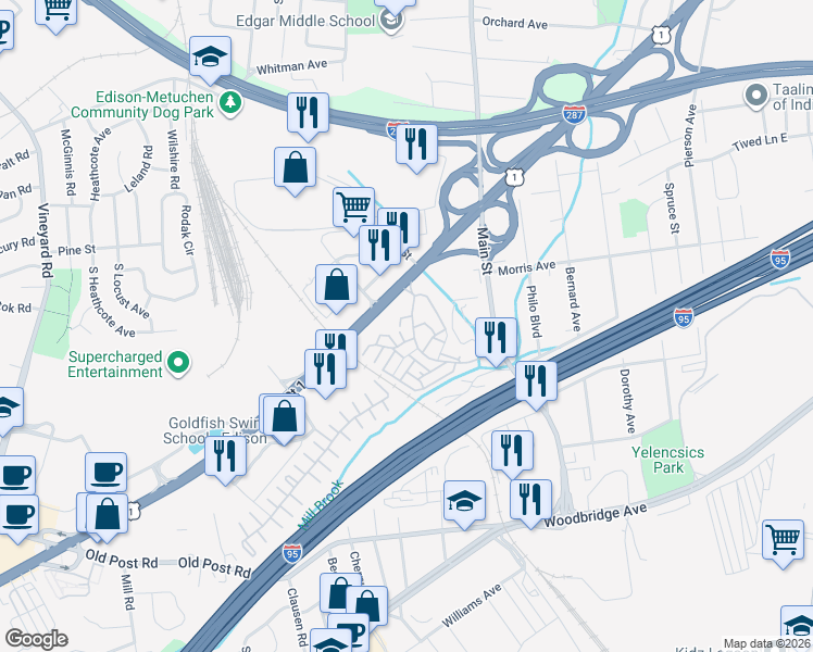 map of restaurants, bars, coffee shops, grocery stores, and more near 308 Edison Glen Terrace in Edison