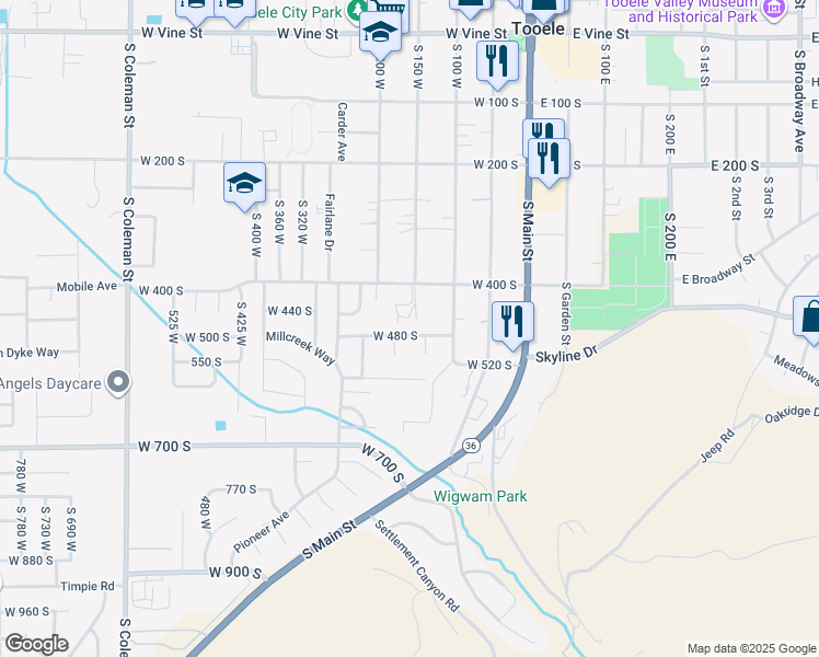 map of restaurants, bars, coffee shops, grocery stores, and more near 160 West 480 South in Tooele