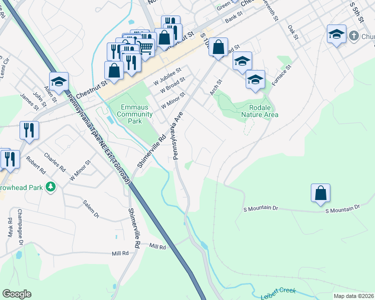 map of restaurants, bars, coffee shops, grocery stores, and more near 1305 Arch Street in Emmaus