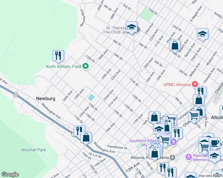 map of restaurants, bars, coffee shops, grocery stores, and more near 1222 23rd Avenue in Altoona