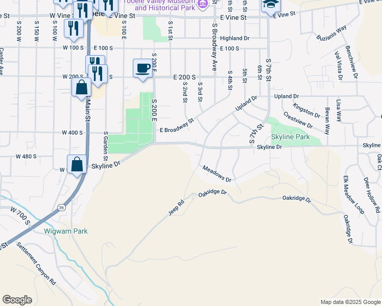 map of restaurants, bars, coffee shops, grocery stores, and more near 299 Sage Circle in Tooele