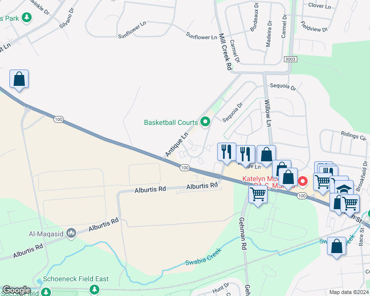 map of restaurants, bars, coffee shops, grocery stores, and more near 6955 Pioneer Drive in Macungie