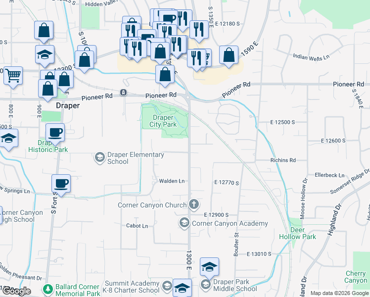 map of restaurants, bars, coffee shops, grocery stores, and more near 1285 Manfield Way in Draper