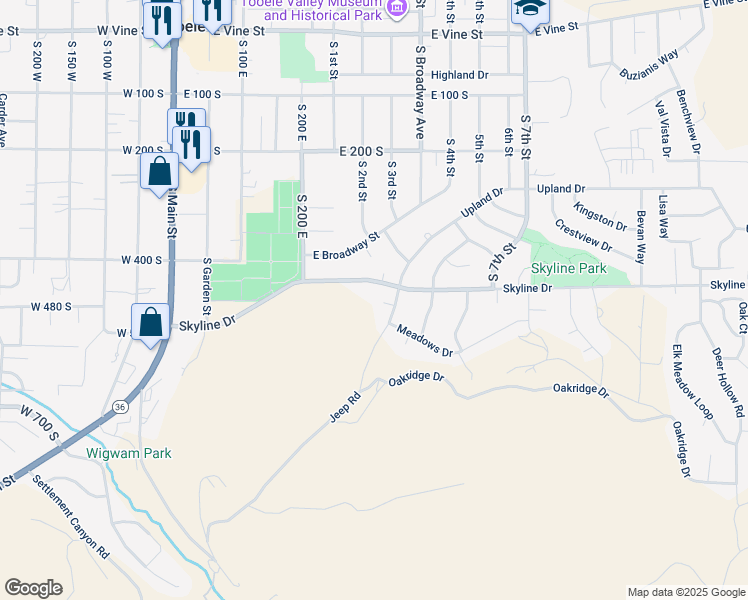map of restaurants, bars, coffee shops, grocery stores, and more near 299 Sage Circle in Tooele